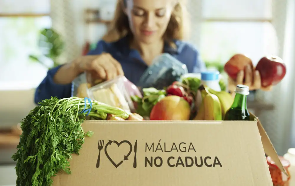 Mujer colocando frutas y verduras frescas en caja Málaga No Caduca
